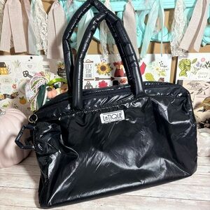 Vintage 80s LaTique Black Puffy Nylon Tote Duffle Gym Bag & Mini Keychain Bag